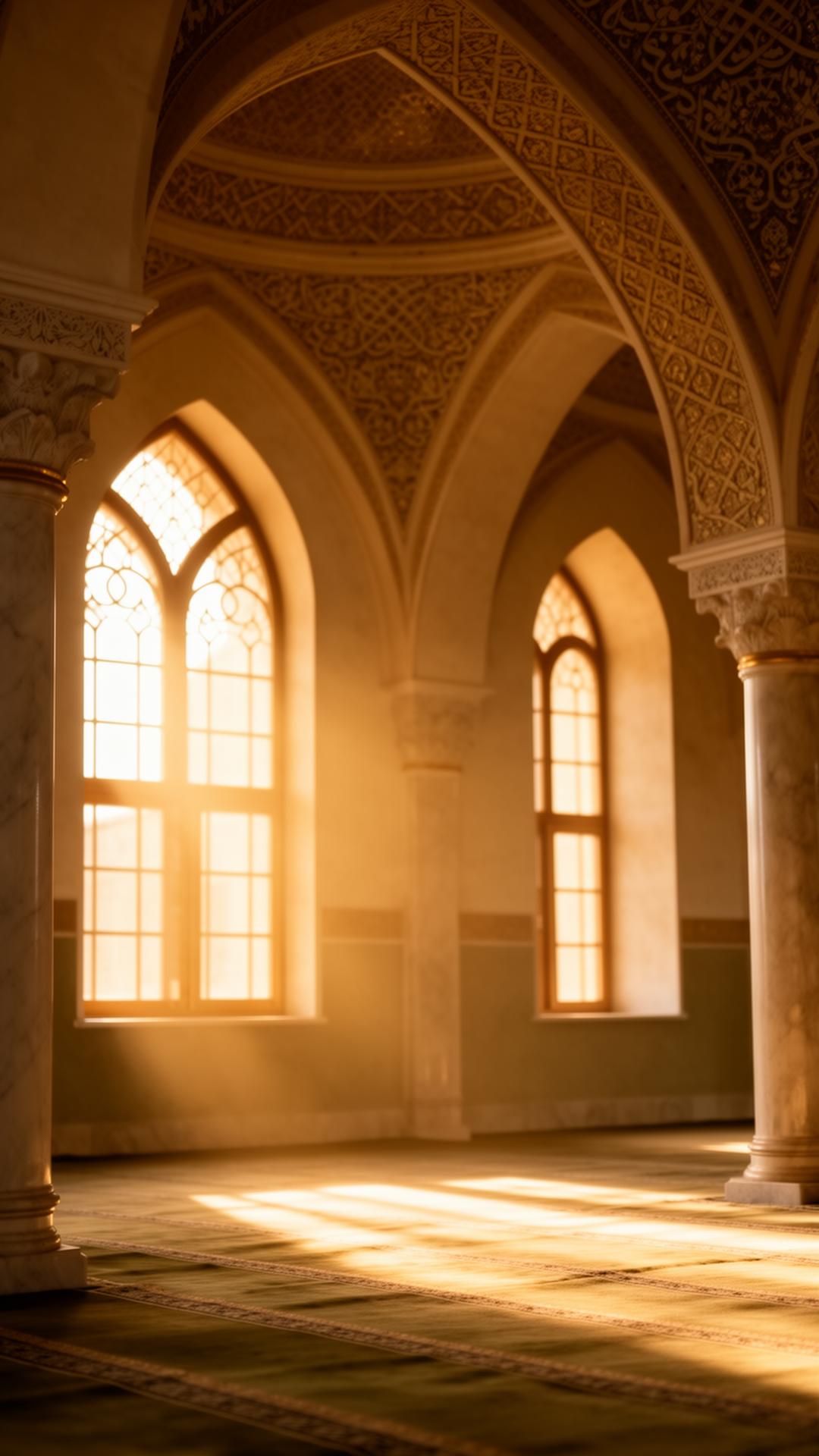 Interior of the mosque prayer hall bathed in warm light